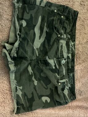 Natural Reflections Camo Denim Cutoff Shorts - Olive Green